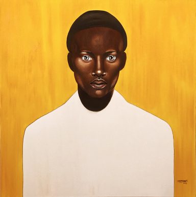 Mehmet Portrait frontal d’un homme vêtu de blanc sur fond jaune, regard direct et expression retenue, peinture de Tara Shakti.