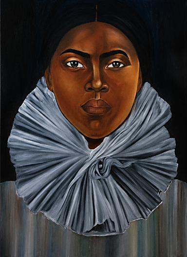 Mémoire Portrait frontal d’une femme malgache portant un large col plissé gris sur fond bleu nuit, peinture de Tara Shakti.