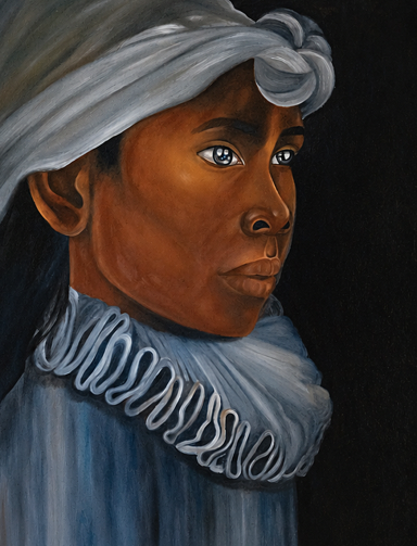 Seuil Portrait de profil d’une jeune fille malgache portant une coiffe blanche et un col plissé gris sur fond sombre, peinture de Tara Shakti.
