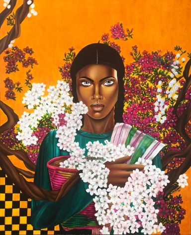 Offrande silencieuse Femme malgache frontale vêtue de vert, tenant un panier de fleurs blanches dans un jardin floral sur fond doré, peinture de Tara Shakti.