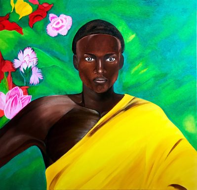 Darius Portrait d’un homme drapé de jaune devant un fond vert sombre, dans une composition sobre et frontale, peinture de Tara Shakti.