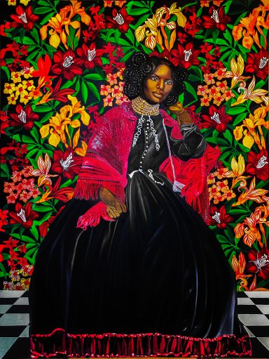 Archive VI Femme assise en robe noire et châle rouge devant un fond floral coloré, œuvre de Tara Shakti.