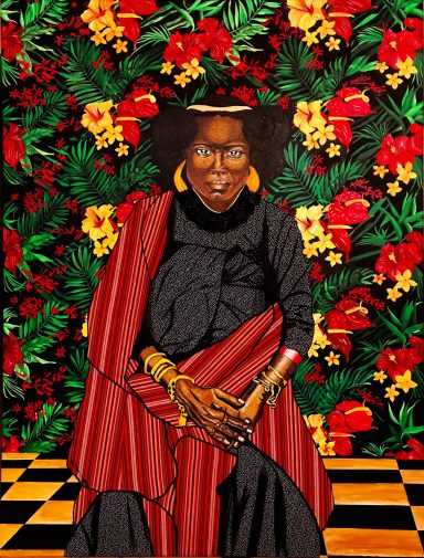 Archive III Femme malgache assise en tenue rouge et noire devant un fond floral dense, œuvre de Tara Shakti.